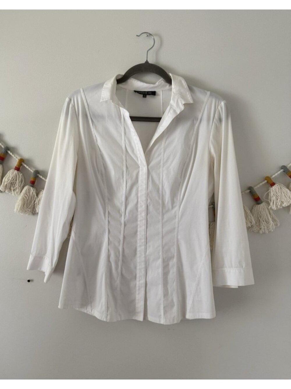 Lafayette 148 Vertical Pintuck Seam White Cotton Blend Button Up Top Timeless 4